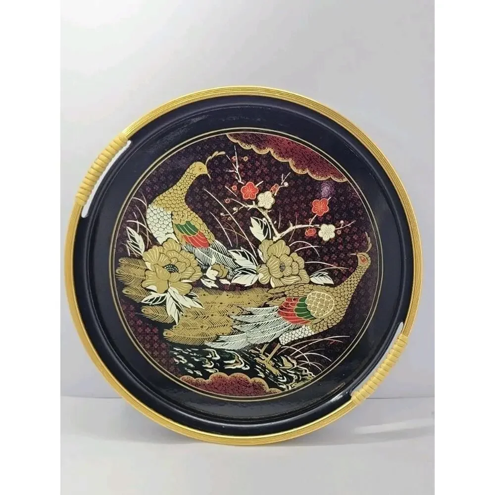 Vintage Asian Serving Tray Round Black Gold Pheasant Floral Design 12” Decorativ